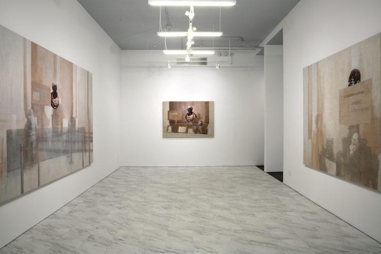 Three paintings installed on white walls. Entrée, 2019 is installed on the left wall, while Collections Permanentes, 2019 is on the right and Gratuite, 2019 at the back.