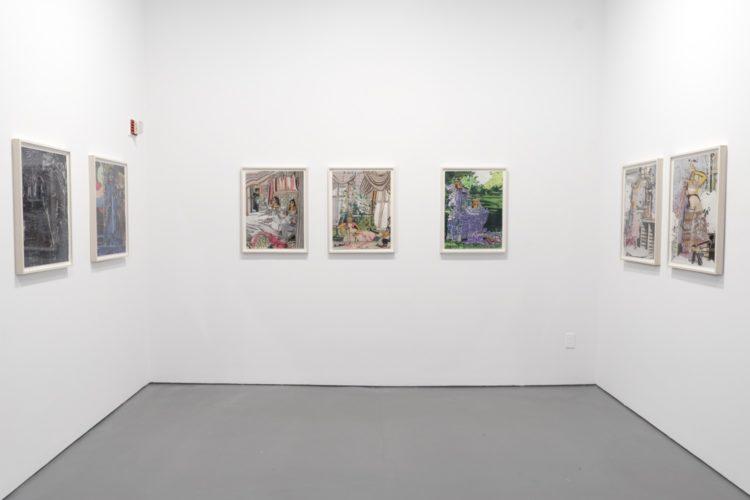 Seven framed works on paper installed in a row along three adjacent walls. All are rendered in a somewhat cubist style, often incorporating bright colors and extravagant settings.